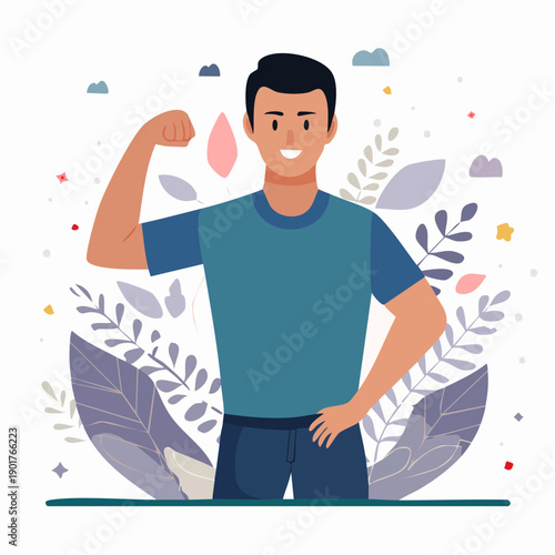 A cartoon man with short black hair flexing his arm and smiling with colorful leaves and shapes on a white background.