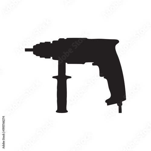 Heavy duty rotary hammer drill silhouette for concrete and masonry construction work isolated on white background power tool icon for demolition and professional building renovation projects daily