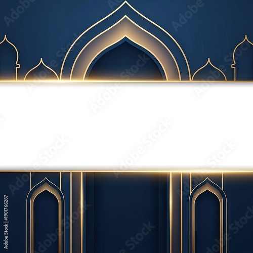 Luxurious Golden Arches on a Deep Blue Background, an Elegant Template for Islamic Holiday Greetings, Ramadan Kareem, Eid Mubarak Banners, and Cultural Event Invitations