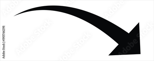 Black curved arrow pointing downwards and to the right direction. Black  Arrow Illustrating downfall and regress. Curved arrow isolated on white background. Vector illustration.