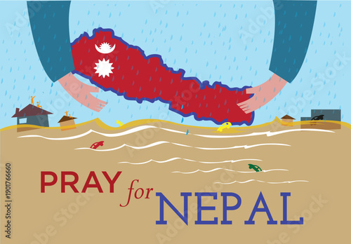 Volunteer hand helping victims of typhoon or flash flood in Nepal. Editable Clip Art.