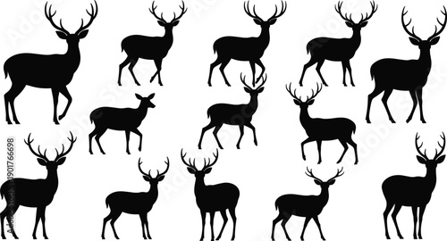 Deer silhouettes vector collection, black stag buck wildlife animals isolated white background forest mammal nature flat design icons