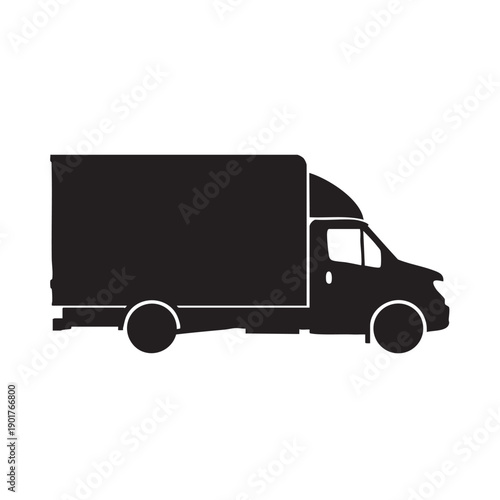 Delivery truck side view isolated on white background, black flat vector icon, freight transport for fast delivery, cargo van, commercial vehicle
