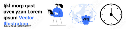 Online safety, remote work, tech solutions, global communication, time management, digital learning. A person with a tablet, a VPN shield and a clock are displayed. Online safety and remote work