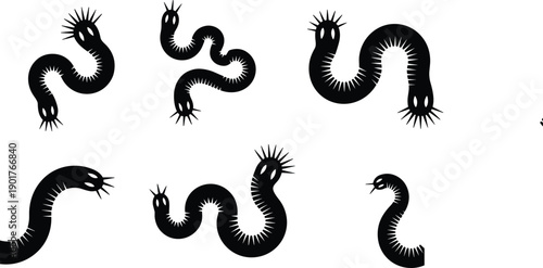 Abstract black snake silhouettes set, spooky curved creatures illustration, minimal vector design, fantasy reptiles collection, isolated on white background