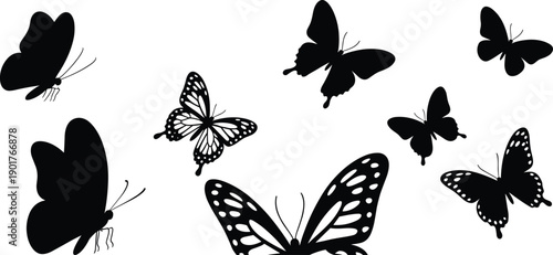 Butterfly silhouettes set, flying butterflies collection, black insect shapes, nature wildlife vector illustration isolated on white background