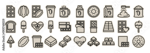 Chocolate cocoa scrapbook, doodle, sticker, collage, icon: set of cacao pod, candy bar, dessert for cafe, bakery