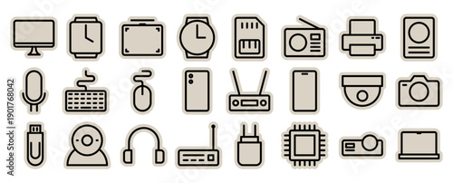 Technology gadget scrapbook, doodle, sticker, collage, icon: set of computer, smartphone, camera for digital life