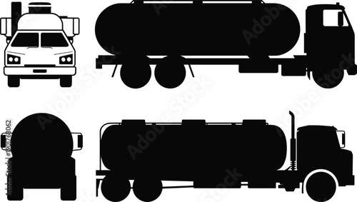 Fuel tanker truck silhouette set showing front side and rear views of oil transport vehicle isolated on white background for logistics transportation and industrial delivery concepts