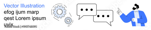 Collaboration, teamwork, innovation, communication, business tools, workplace strategy. Two speech bubbles, gear icons and a professional figure gesturing. Collaboration and teamwork concept