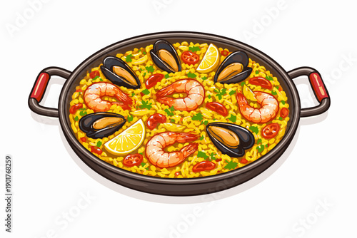Paella

Flat vector illustration of Spanish paella, wide pan with saffron rice, shrimp, mussels, and vegetables, top-down view, clean minimal flat vector design