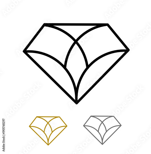 Elegant minimalist diamond geometric logo design with abstract symmetrical lines in black, gold, and silver variations for modern luxury branding. Vector illustration of diamond geometric logo design 