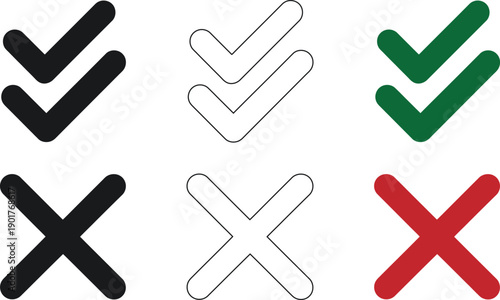 Set of checkmark and cross in black outline and solid colors