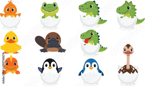 Cute Baby Animals Hatching from Eggs Vector Set Featuring Birds Reptiles and Penguin Characters for Nursery and Kids Design