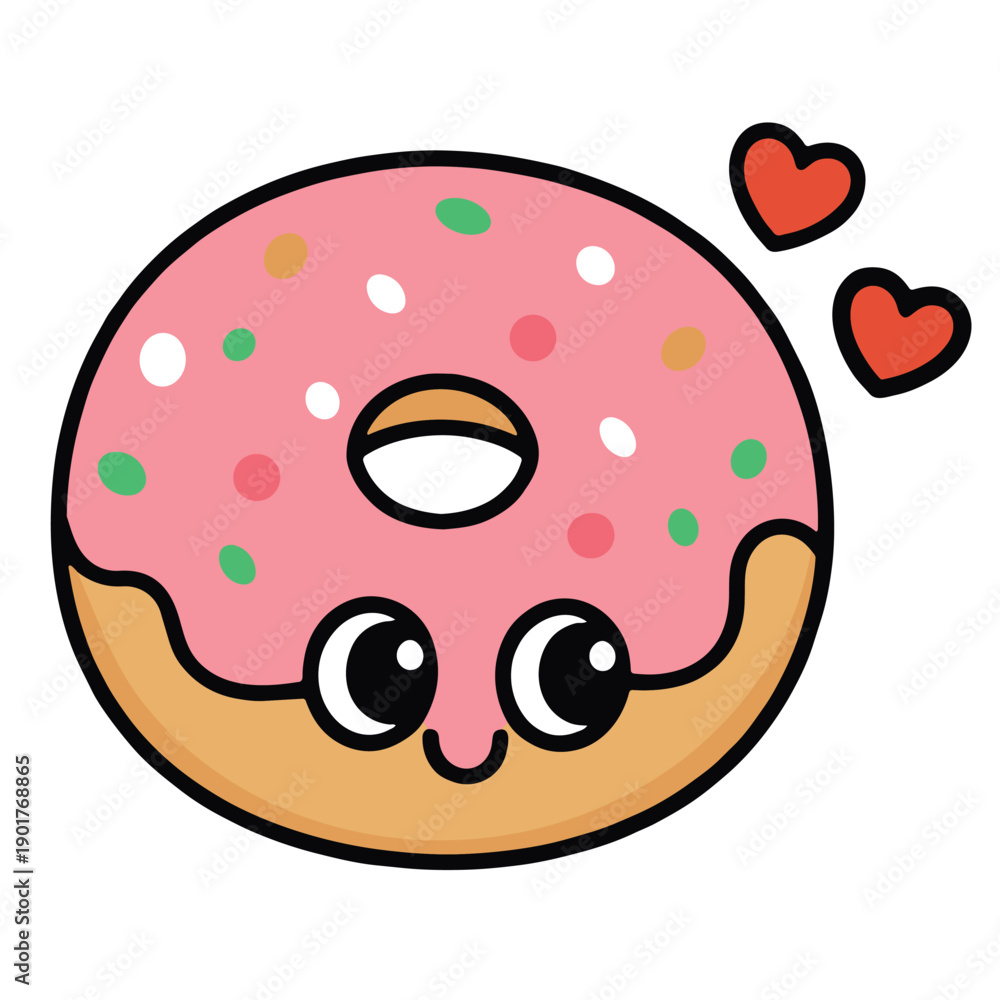 Obraz premium Cute pink frosted donut with sprinkles, cartoon face, and hearts, expressing love and happiness