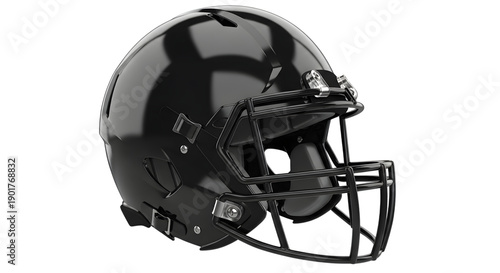 Black football helmet with face guard isolated on transparent background for sports equipment