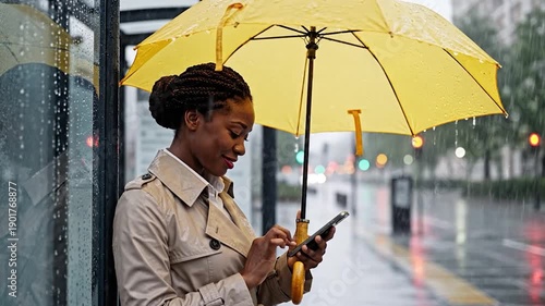 Wallpaper Mural Woman with yellow umbrella checks phone at bus stop during rainy day Torontodigital.ca