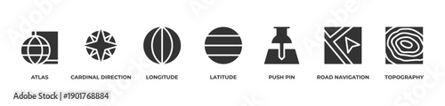 Geographic Navigation Icons set vector illustration with Atlas, Cardinal direction, Longitude, Latitude, Push pin, Road navigation, Topography