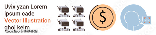 Robotic technology, digital finance, speech recognition, AI integration, monetary transactions, virtual assistance. Robots in grid, dollar coin profile icon with speech recognition. Robotic