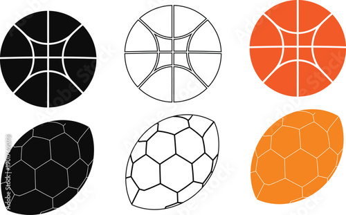 Stylized of basketballs and rugby balls in black white and orange