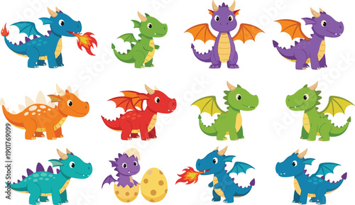 Cute Baby Dragon Characters Set with Colorful Fantasy Creatures, Wings, Fire, and Egg Cartoon Style Flat Vector Illustration