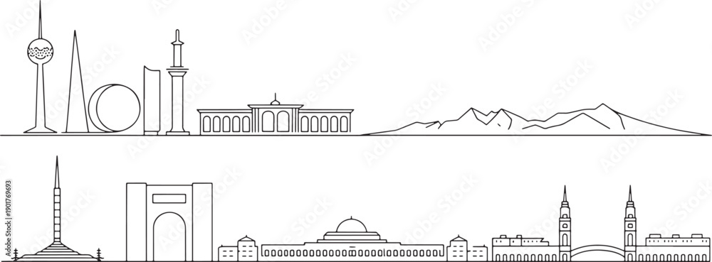 Obraz premium Collection of black outline city skylines representing various international destinations for travel