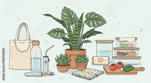 Assembling healthy meal ingredients and fresh plants on a clean surface from a reusable bag