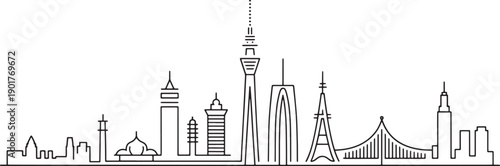 City skyline outline collection featuring famous international landmarks in linear art style
