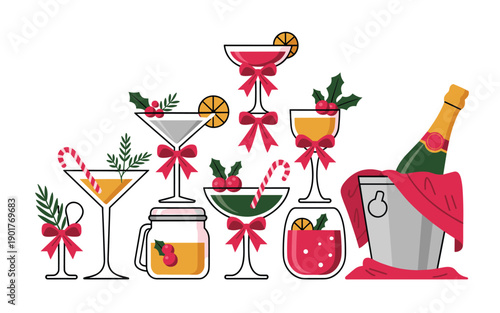 Festive cocktails and champagne in decorative glasses with ribbons and garnishes, displayed beside an ice bucket on a celebratory table