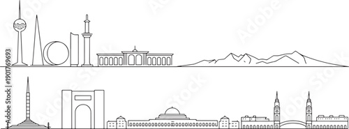 Collection of black outline city skylines representing various international destinations for travel