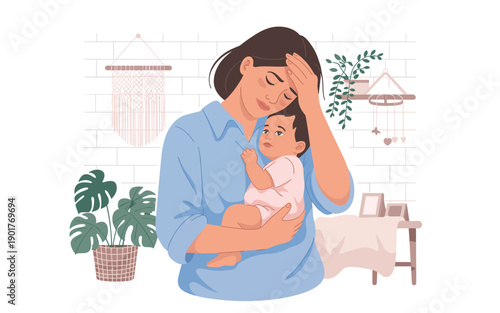 Mother holding baby tenderly in a serene domestic interior scene from a frontal viewpoint