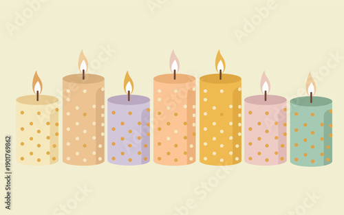 A row of colorful candles with different patterns are lit in a serene environment from a straight viewpoint
