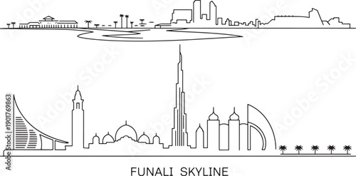 Dubai skyline line art illustration featuring burj khalifa landmarks and coastal city profile