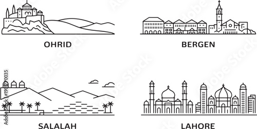 Ohrid, Bergen, Salalah, Lahore vector city skyline set, travel destinations outline icons