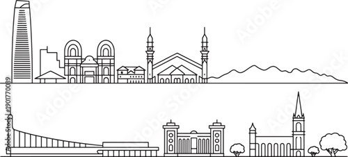 Santiago de chile skyline line art with costanera center tower and andes mountains silhouette