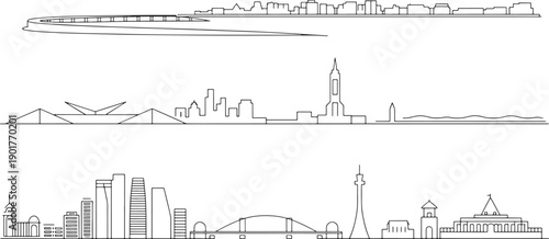 Various abstract cityscapes showing different skylines with looping road or river elements