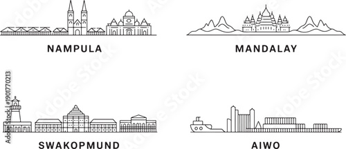 Vector set of international city skylines including Nampula Mandalay Swakopmund Aiwo landmarks