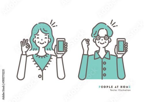 スマートフォンを持って笑顔で納得・解決したシニアの男女のイラスト グリーンのツートーン