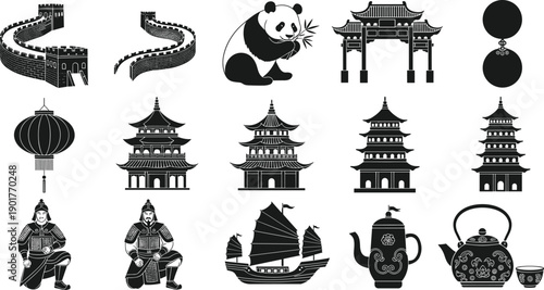 Chinese culture icons set with Great Wall panda pagoda lantern warrior junk ship tea vector illustration black white silhouette design collection