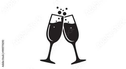 Clinking Champagne Flutes Silhouette Celebration Black and White Illustration for Party Invitation