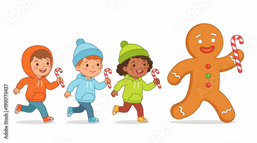 Cartoon vector of diverse kids running after a Gingerbread Man mascot, holding candy canes. Christmas holiday chase game illustration.
