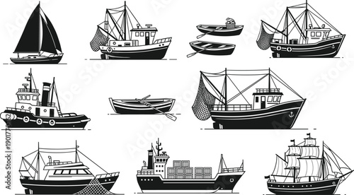 Fishing and cargo boat icons set with sailboats trawlers rowing boats black white vector illustration maritime transportation collection nautical design