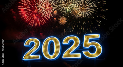 Vibrant fireworks explode in a night sky above the glowing neon numbers 2025 celebrating the upcoming new year s eve celebration and the start of a new year
