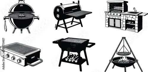 Barbecue grill icons set with charcoal smoker gas grill outdoor kitchen fire pit black white vector illustration equipment cooking design collection