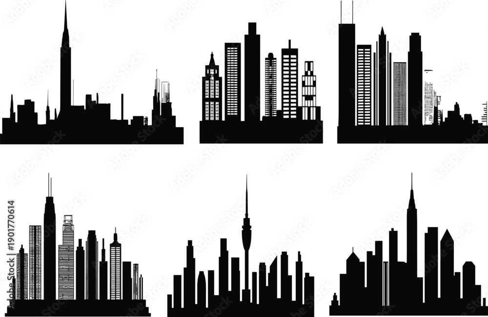 Fototapeta premium Modern city skyline silhouettes set, urban skyscraper buildings, black cityscape collection, architectural downtown panorama, minimal vector illustration design