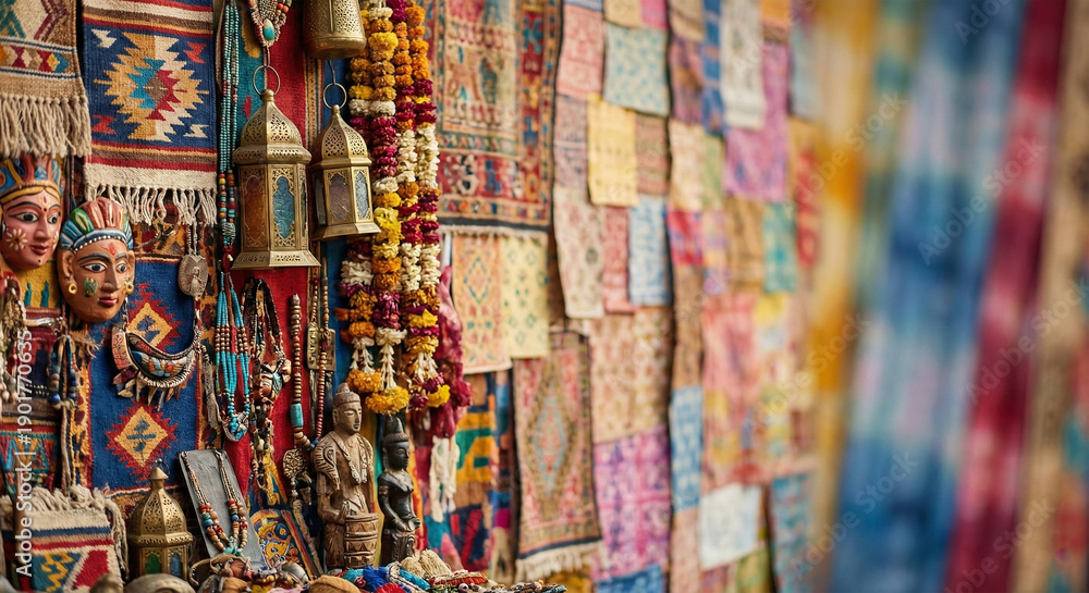 Fototapeta premium Colorful traditional handicrafts market stall display with hanging masks, bells and textile ornaments