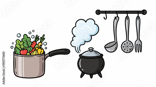 Kitchen Cooking Vector Art: Cartoon Pot with Boiling Vegetables, Steaming Cauldron, and Hanging Utensils Illustration