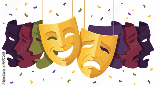 Golden Comedy and Tragedy Theater Masks (Happy and Sad) Hanging with Confetti. Drama, Acting, and Performance Vector Illustration.