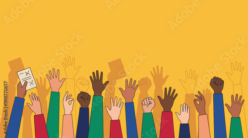 Collective Action and Democracy: Diverse Hands Raised with Vote Slip Illustration on Yellow Background
