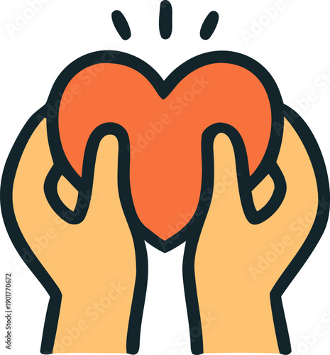 Two hands holding orange heart symbolizing happiness and wellbeing. Perfect for wellness, mental health, love, and positivity concepts.